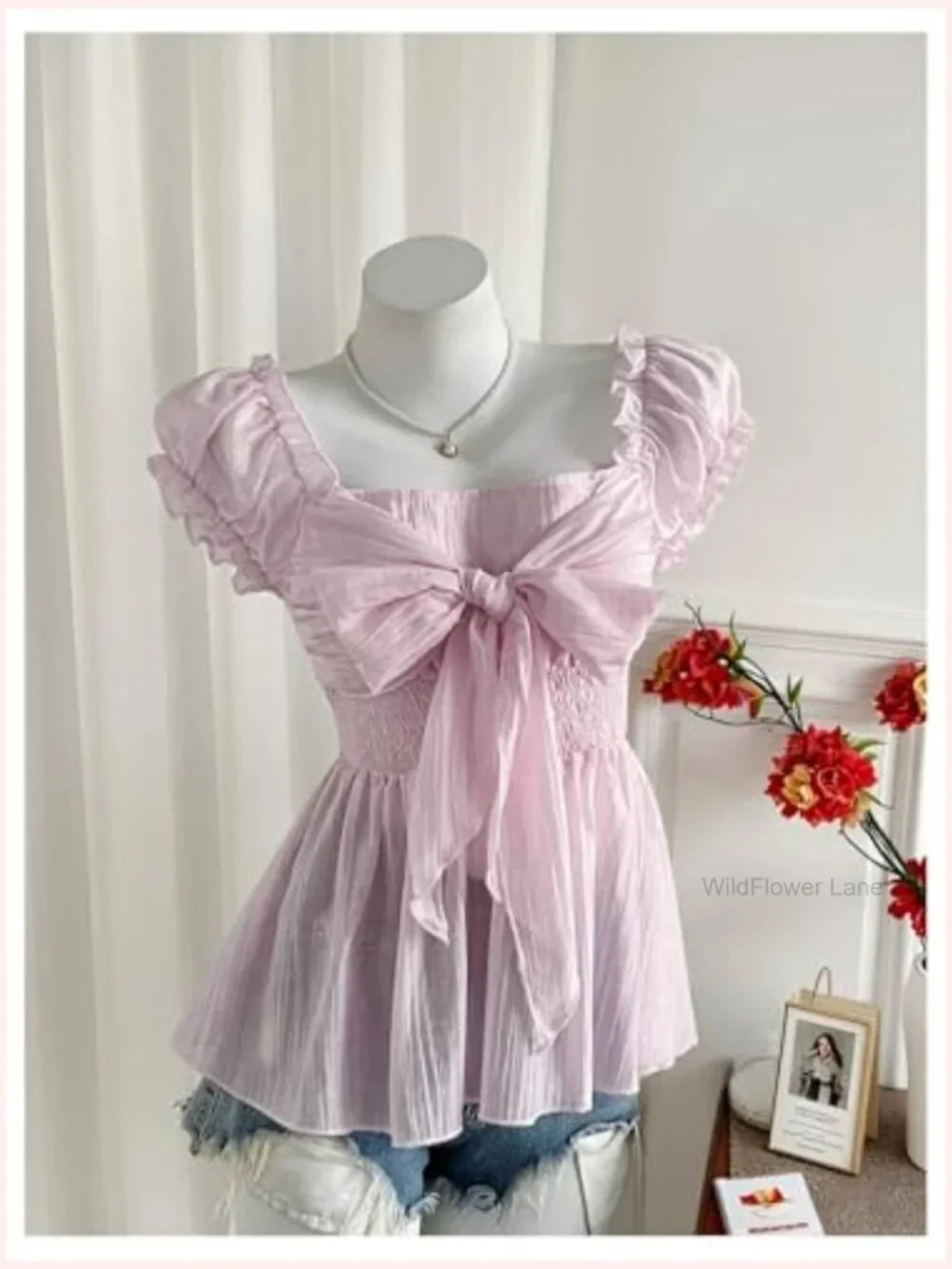 Women's Summer Puff Sleeve Peplum Blouse Tie Bow Chiffon Top - Picture 4 of 5